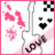 Pixelated static icon featuring a white guitar with pink accents, black heart symbols, and scattered pink shapes on a white background bordered by a solid pink frame.