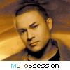 nine identical pixelated images showing a person with short dark hair wearing a gray jacket over black clothing against a brown background, each labeled "MY OBSESSION" in blue and white text