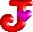 Red stylized J-shaped figure with a heart-shaped pendant; left version has purple heart, right version has blue heart.