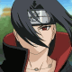 Animated sequence of a character with black hair, red eyes, and a silver headband, wearing a black cloak with red interior, against a blurred outdoor background.