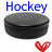 six variations showing a black hockey puck icon with red heart symbols, each paired with blue text displaying partial or misspelled 'Hockey' variants