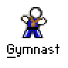 Pixelated gymnast stick figure icon with red text branding and repeated 'Gymnast' label on gray background, displayed as contact sheet frames.