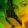 A close-up of a person with dark hair holding a light-colored object near their mouth, set against a green and yellow background with a patterned overlay.