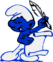Blue cartoon character with white hat and pants holds black pen-like object, seated on white chair against plain background.