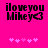 Pixelated text 'iloveyou Mikey' with a heart symbol on bright pink background, accompanied by five small pixel hearts below.