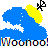 Pixelated blue cloud with white accents, yellow sunburst, black stick figure, and multicolored text reading 'WOW' at bottom.