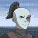 Pixelated animated avatar of a bald character with dark ponytail, brown turtleneck, and stern expression against blue sky background.