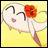 Pixelated cartoon character with closed eyes, pink lips, and a red flower on its head against a yellow background.