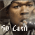 Two side-by-side pixelated faces with text '50 Cent' below left face; right face wears a light blue cap, both have neutral expressions.