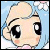 Pixelated cartoon face with large black eyes, light skin, and pink cheeks against a light blue background with white cloud shapes.