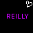 A black background displays a white pixelated heart symbol above two identical purple pixelated text strings reading REILLY.