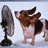 Pixelated static image shows a brown and white dog standing next to a tall dark object against light blue background.