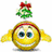 Pixelated yellow circular face with blue eyes, red headband, and green holly sprig topped by red bow.