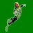 Pixelated figure in mid-air pose against solid green background, wearing light-colored top and dark lower garment.