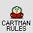 Pixelated character in red outfit with blue hair and yellow face, displaying multiple speech bubbles with text like "GODDAMNIT!", "SCREW YOU GUYS.", "I'M GOIN' HOME.", and "SWEET!" over repeated "CARTMAN RULES" text.