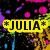 six identical cartoon-style icons with the text *JULIA* in different colored backgrounds, each featuring a dark figure with pink circular elements and a vibrant, pixelated background
