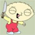A cartoon character with a large round head and closed eyes holds a knife in one hand while standing on light blue shoes, next to red text reading "Stewie's got a knife!" on a white background.