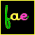 Two side-by-side animated frames of a pixelated text icon showing the letters 'fae' with color-shifting elements on black background and yellow border.