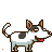 Pixel art dog with white body, brown and black patches, pink tongue, and curled tail in four distinct poses against gray background.