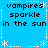 Blue background with white dashed border and star shapes, displaying repeated text 'vampires sparkle in the sun' in black pixelated font.