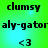 Green and cyan gradient background with repeated text elements in black pixelated font, including "clumsy," "aly-gator," and a heart symbol.