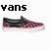 A Vans slip-on shoe icon with a maroon and black patterned upper, white sole, and 'vans' text above; the rightmost version shows only the shoe without text.