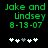 Green pixelated text reads 'Jake and Lindsey 8-13-07' above five white and gray heart icons on a black background.