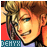 Pixelated anime-style character with brown hair and blue eyes, smiling broadly against red background, text "DENTX" in teal at bottom left.