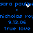 Blue pixelated text on black background with animated white heart and plus symbols, repeating names and dates.