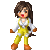 Pixel art contact sheet of a female character in yellow overalls and white shirt performing multiple animation frames against gray background