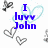 Pixelated icon with blue text "I luvv John" surrounded by light blue and gray heart outlines on white background.