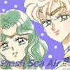 Anime-style character with green hair and light skin on purple background with white dots, text "Fresh Sea Air" repeated below.