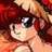 Pixelated anime-style character with red hair and sunglasses, wearing a green strap top, positioned next to black background with white text.