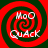 Four identical spiral patterns with red and dark green concentric rings, each containing white text reading 'MoO QuAck' in a stylized font.