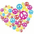 A heart-shaped arrangement of colorful peace symbols transitions to a of single peace symbols, followed by a black-and-white striped peace symbol on a dark background