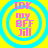 Four identical circular icons with yellow background and blue concentric rings, each containing pink text reading IDK my BFF Jill.