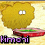 A yellow, fluffy, cloud-shaped character with white eyes sits above a red bowl of green food, labeled 'Kimchi' in purple text.