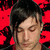 Pixelated image of a person with dark hair against red floral background, red heart symbol on black field, and red text reading "Frankie".