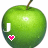 Green apple with stem, white text 'Juicy' partially visible, pink heart icon below; animation changes letter color and visibility.