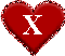 Three red heart-shaped icons with white 'X' symbols, each having a pixelated border on gray background.