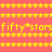 Pixelated yellow text and symbols on a solid pink background with repeating horizontal lines.