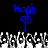 Blue pixelated text 'Wash on' above a grayscale crowd of raised hands against black background.