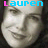 Six identical grayscale portraits of a smiling woman with dark hair, each overlaid with the name 'lauren' in alternating cyan and pink pixelated text.