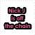 Pixelated image with pink text reading 'Nick J is off the chain' on left and a person in dark hair, gray shirt, brown strap against blurred background on right.