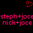 Red pixelated heart symbol above repeated pink text reading 'steph+joece' and 'nick+joece' on black background.