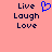 A static image with a pink background displays the text "Live Laugh Love" in dark blue pixelated font, with a blue pixelated heart symbol above the text on the left side.