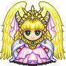 Pixel art character with blonde hair, green eyes, pink dress, white wings, and golden crown showing two expressions.