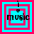 Four identical square display a cyan background with pink concentric borders, black text reading 'music', and a small heart symbol above the text