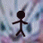 A stick figure with a round head and black body stands against a blurred pink-and-blue background, transitioning through multiple poses including arms at sides, hands clasped, and hands raised to the head.