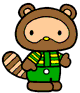 Brown bear-like cartoon character in green overalls with yellow-green striped shirt, striped tail, and yellow nose, shown in two poses with closed eyes and waving hand.